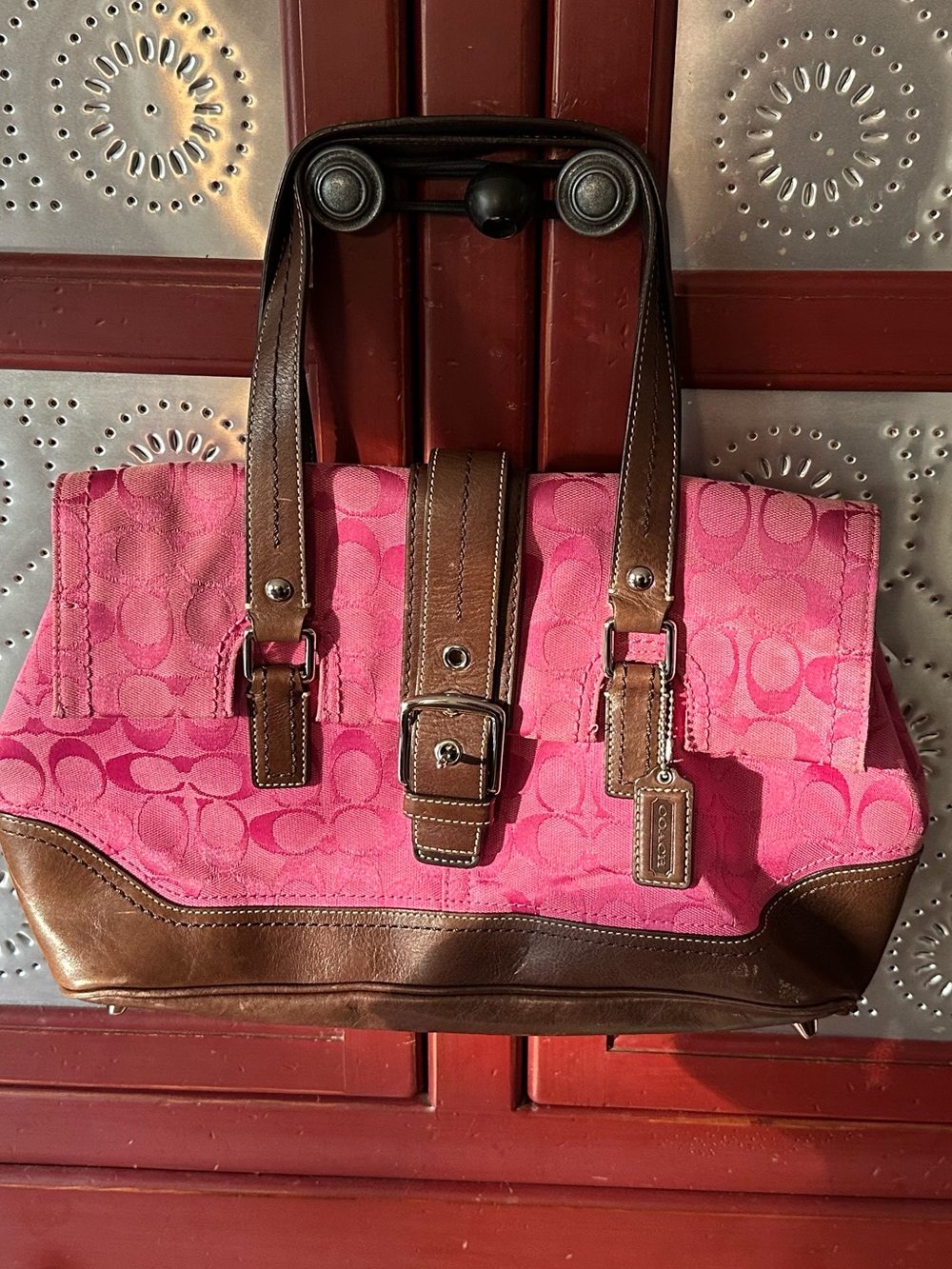 Coach Pink Signature Canvas Shoulder Bag with Brown Leather Trim